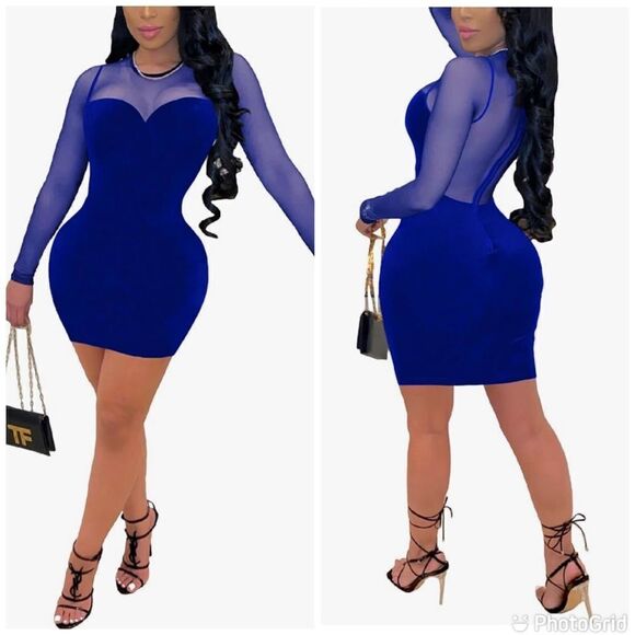 Ekaliy Sheer Mesh Long Sleeve Round Neck Bodycon Mini Club Evening Dress - Picture 1 of 14